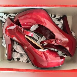 Retro Vibe Women's Patent Peep-Toe Mary Jane Heels in Burgundy Red